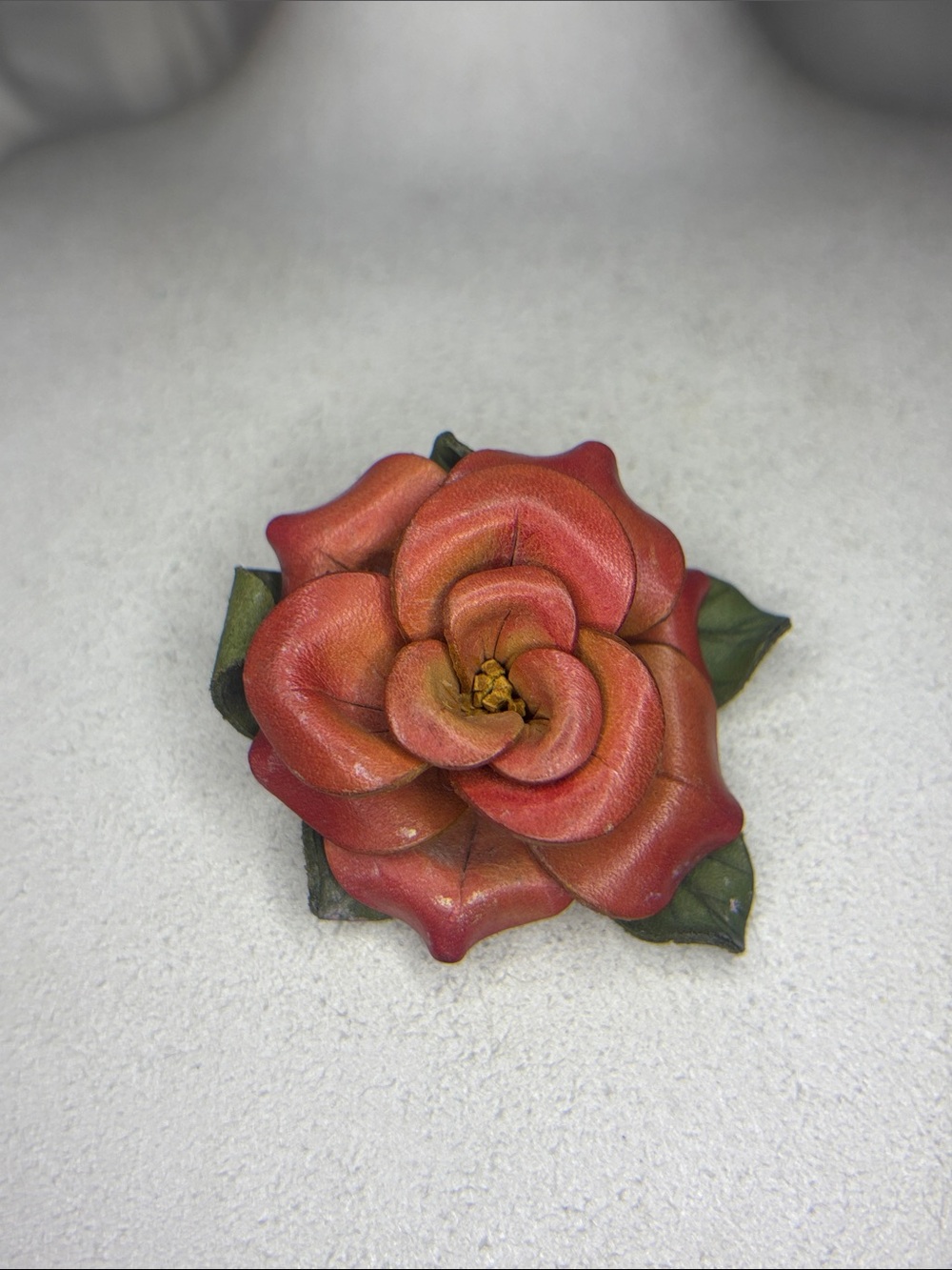 vintage leather crafted floral rose brooch made in Canada